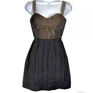 NEW MaxAzria Mini Dress Bronze Black Pleated Woven Size 6